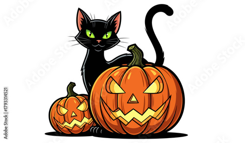 Wicked Watcher The Black Cat Guards His Glowing Pumpkin Army