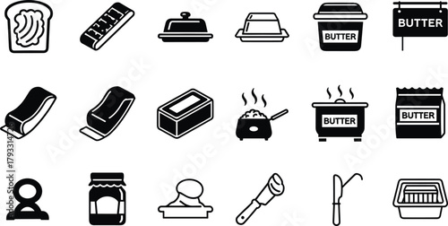 Butter Icons Vector Set Featuring Spreads, Dishes, Cooking Pots, Knives, Curls, Packaging, Food Prep, Dairy, Kitchen Tools