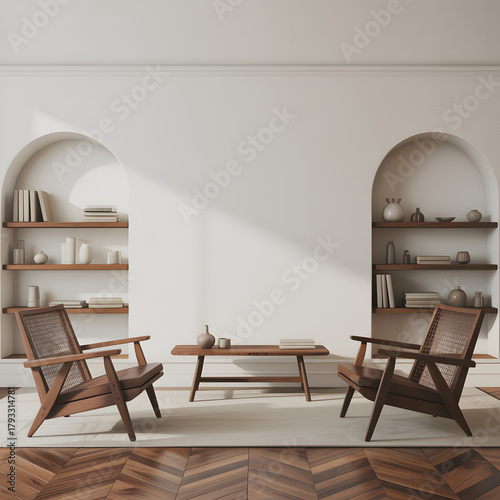 Minimalist living room with arched alcoves and wooden furniture