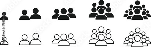 Group Size and Community Growth Icons Vector Set with People Silhouettes, Social Network, Team Building, Demographics, Population, Outline