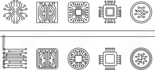 Microchip and Circuit Board Icons Vector Set Featuring Electronic Nodes, Tech Patterns, Processor Designs, Digital Connectivity, Hardware Layouts