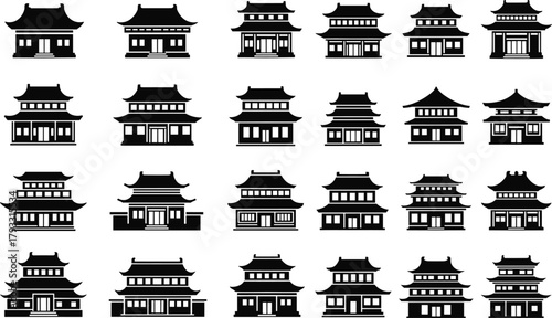 Traditional East Asian Building Silhouettes Vector Icons of Pagodas, Temples, Houses, Architecture, Culture, Heritage, Roofs, Structures, Design