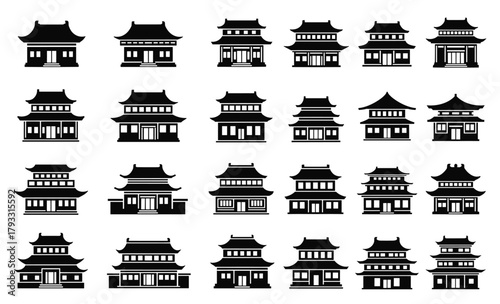 Traditional East Asian Building Silhouettes Vector Icons of Pagodas, Temples, Houses, Architecture, Culture, Heritage, Roofs, Structures, Design