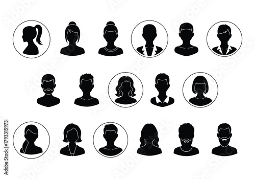 Collection of diverse black silhouette headshots in circular frames