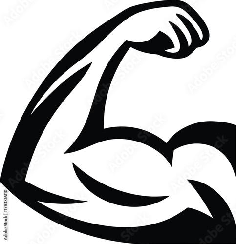 Line art illustration of a strong arm, biceps, and fist symbolizing strength and muscle body vector