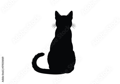 A sleek black cat silhouette sits gracefully with tail curled