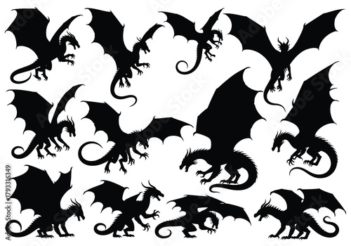 A collection of black silhouettes depicting various dragon poses and forms