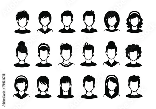 Collection of diverse head silhouettes showcasing different hairstyles and genders