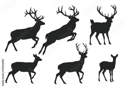 Silhouettes of majestic deer in various dynamic poses displayed