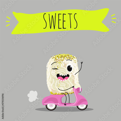 Funny Characters Turkish Halva confection, cubes with pistachio nut, layered chocolate tahini oriental dessert, hand drawn vector illustration.