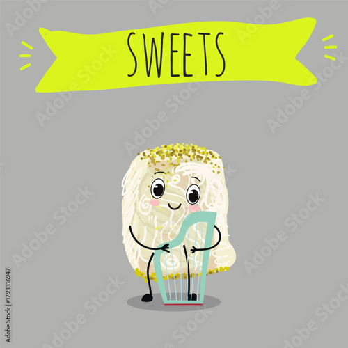 Funny Characters Turkish Halva confection, cubes with pistachio nut, layered chocolate tahini oriental dessert, hand drawn vector illustration.