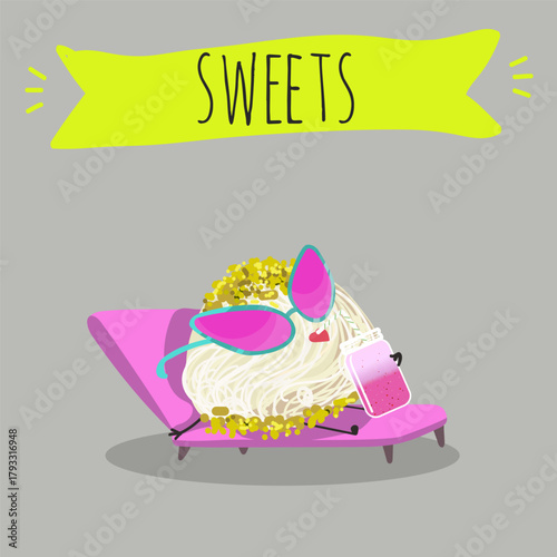 Funny Characters Turkish Halva confection, cubes with pistachio nut, layered chocolate tahini oriental dessert, hand drawn vector illustration.