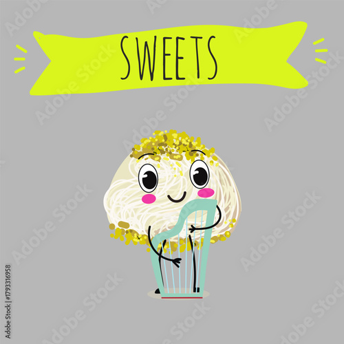 Funny Characters Turkish Halva confection, cubes with pistachio nut, layered chocolate tahini oriental dessert, hand drawn vector illustration.