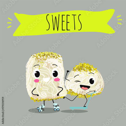 Funny Characters Turkish Halva confection, cubes with pistachio nut, layered chocolate tahini oriental dessert, hand drawn vector illustration.