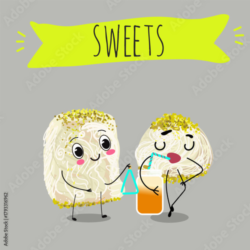 Funny Characters Turkish Halva confection, cubes with pistachio nut, layered chocolate tahini oriental dessert, hand drawn vector illustration.