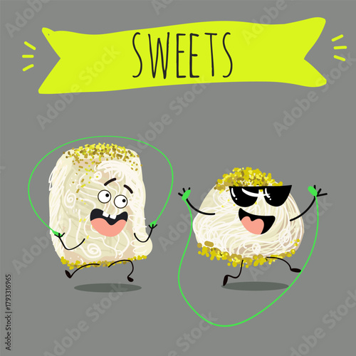 Funny Characters Turkish Halva confection, cubes with pistachio nut, layered chocolate tahini oriental dessert, hand drawn vector illustration.