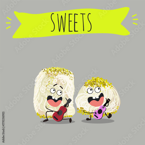 Funny Characters Turkish Halva confection, cubes with pistachio nut, layered chocolate tahini oriental dessert, hand drawn vector illustration.
