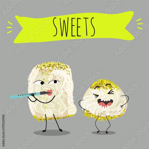 Funny Characters Turkish Halva confection, cubes with pistachio nut, layered chocolate tahini oriental dessert, hand drawn vector illustration.