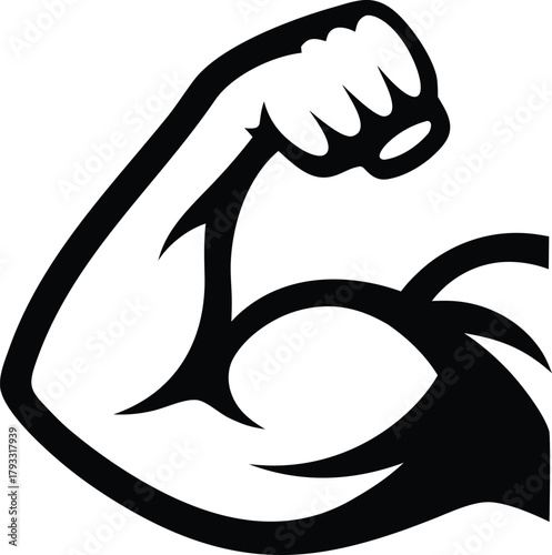 Line art illustration of a strong arm, biceps, and fist symbolizing strength and muscle body vector