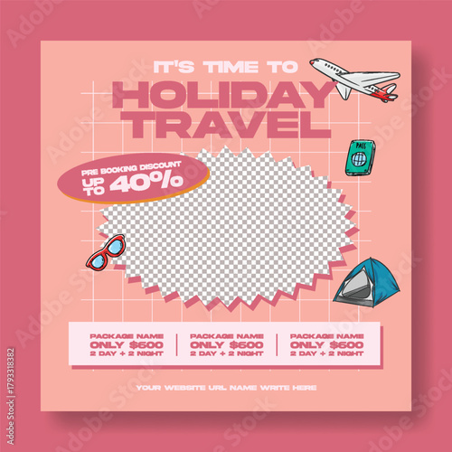 Trendy Travel Agency Travel Banner promoting Hotel Resort Promotion and vintage retro style Flight Booking Square Flyer with Tourism Template Holiday Trip Social Media Post design