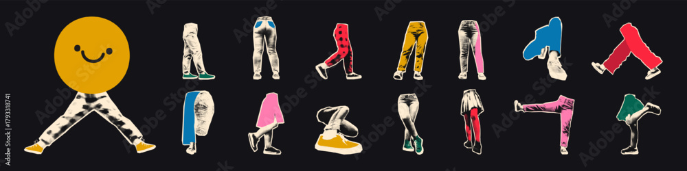 Fototapeta premium Legs wearing jeans, skirts and sneakers halftone art collage cut outs set. Various paper clippings, funny stickers, vintage dot texture and doodles. Modern retro grunge mixed media vector illustration