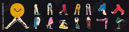 Legs wearing jeans, skirts and sneakers halftone art collage cut outs set. Various paper clippings, funny stickers, vintage dot texture and doodles. Modern retro grunge mixed media vector illustration