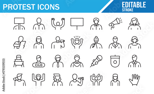 Activist Symbols and Public Demonstration Elements in Outline Vector Style