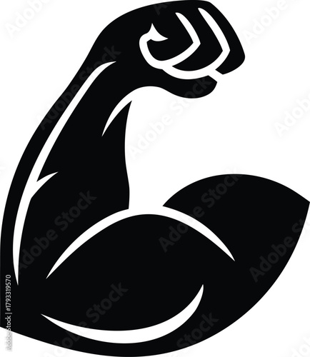 Line art illustration of a strong arm, biceps, and fist symbolizing strength and muscle body vector
