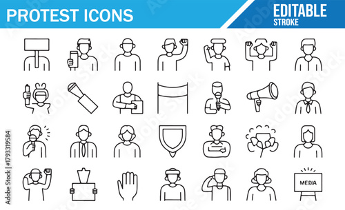 Editable Line Icons of Demonstrations, Crowds, Banners, and Protest Tools