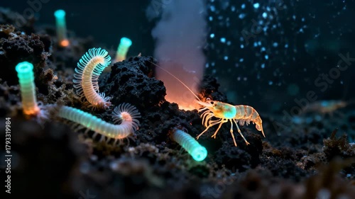 Deep Sea Hydrothermal Vent with Shrimp and Glowing Tube Worms