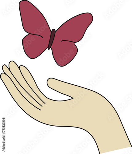 Gentle hand releasing butterfly, minimalist illustration of freedom, transformation, peace, spring nature, and mindfulness concept
