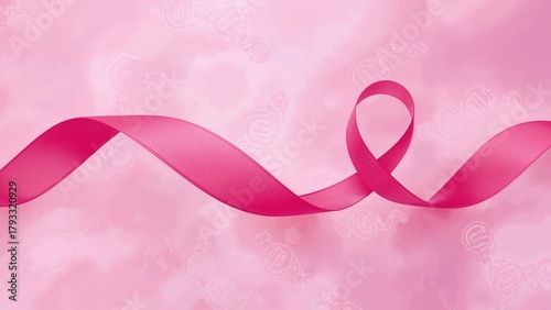 Pink ribbon symbol for breast cancer awareness on pink background with DNA pattern. Healthcare and medical concept. The concept of health, cancer awareness, and medical support.