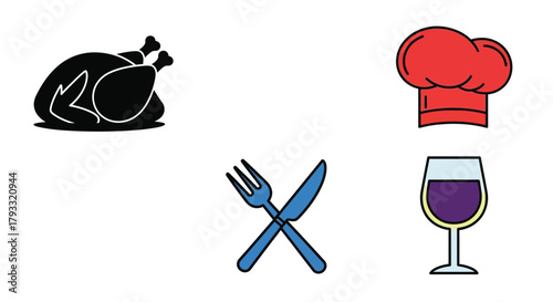 A culinary collection roast chicken chef s hat utensils and a wine glass