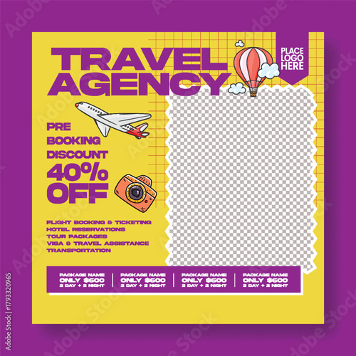 Modern Travel Agency travel promo Holiday Trip Social Media Post and vintage retro style Hotel Resort Promotion Travel Banner with Flight Booking Square Flyer Tourism and web banner Template