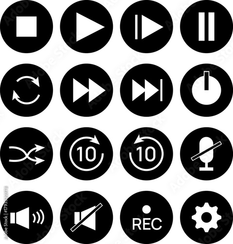 Media control buttons set, play, pause, stop, record, repeat, sound, and shuffle icons for interface, technology, and UI design