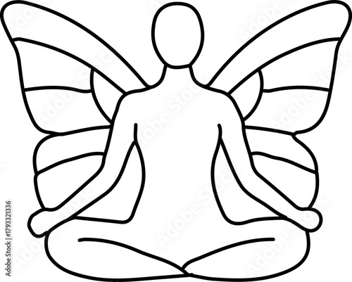 Fairy yoga woman with butterfly wings in lotus pose, spiritual meditation symbol of balance, energy, peace, harmony, and magic