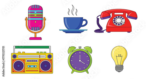 Colorful illustrations of vintage microphone coffee phone radio alarm and bulb