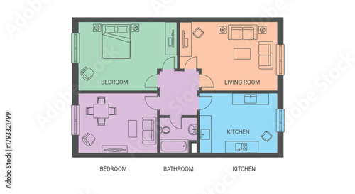 Simple two bedroom apartment floor plan with labeled rooms and basic layout