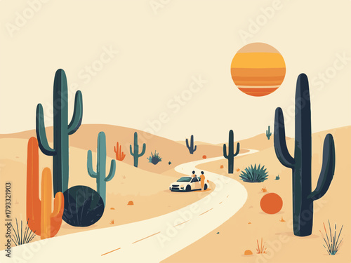 Desert sunset landscape with car and cactus vector illustration