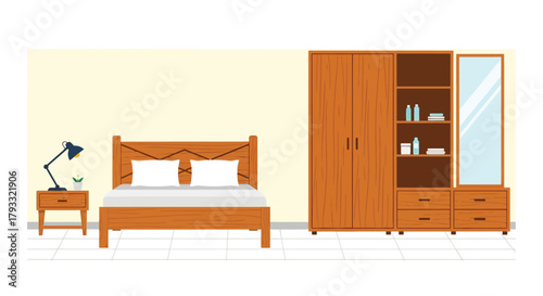 Simple bedroom interior with a bed wardrobe and bedside table design