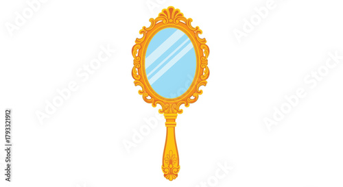An ornate golden handheld mirror with a clear reflective surface