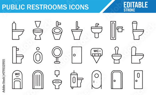 Toilets and Sanitary Fixture Icons in Simple Outline Illustration Style