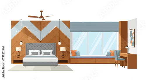 A modern bedroom interior with a minimalist design and geometric patterns