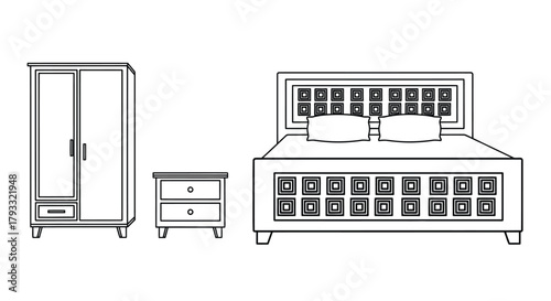 Photos Sketch of a bedroom set including a bed wardrobe and nightstand