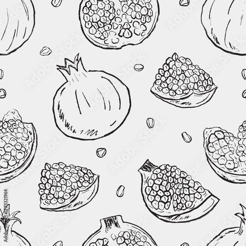 Hand drawn whole and halved pomegranates with scattered seeds. Pomegranate seamless pattern. Packaging paper. Vector sketch illustration in vintage crayon charcoal style.
