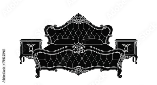 Elegant black and white illustration of a baroque style bedroom set