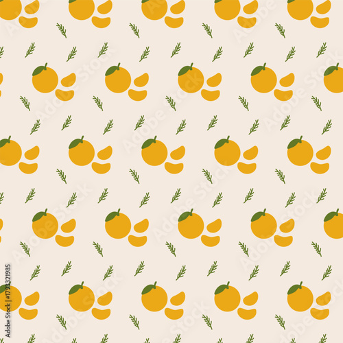Christmas orange and greenery pattern, festive citrus winter background, New Year fruit texture, holiday decoration illustration