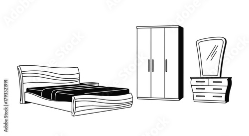 Simple bedroom furniture set illustration bed wardrobe dresser and mirror