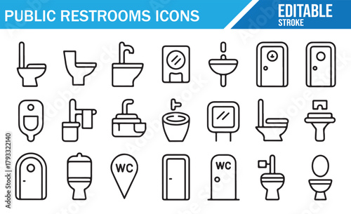Hygiene and Sanitary Facility Icon Set Featuring Bathroom Fixtures
