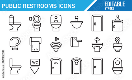 Editable Line Icons of Toilets, Sinks, Urinals, and Restroom Signs